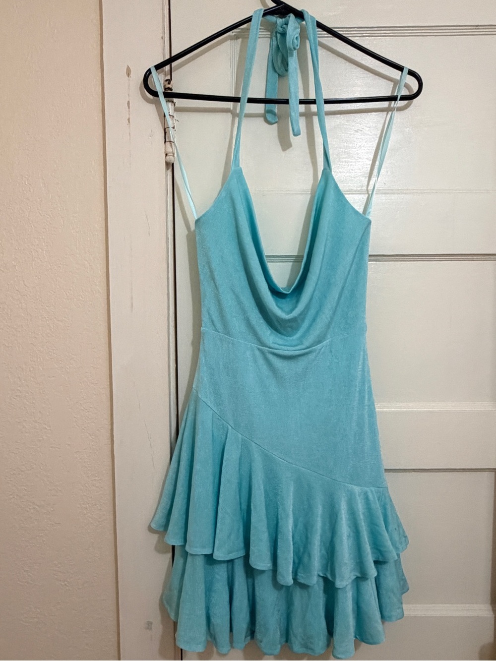 Light Aqua Halter Cowl Tiered Mini Dress